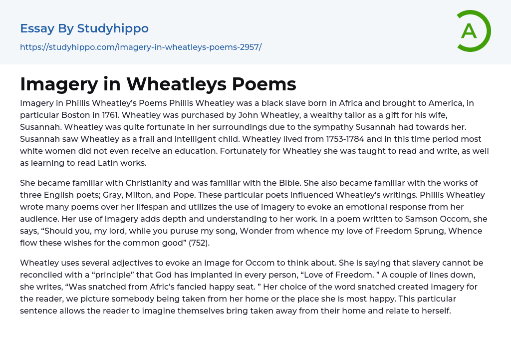 Imagery in Wheatleys Poems Essay Example