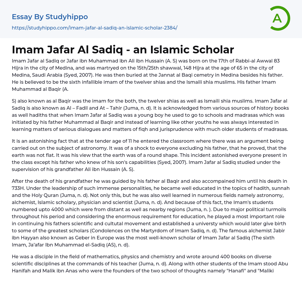 Imam Jafar Al Sadiq – an Islamic Scholar Essay Example
