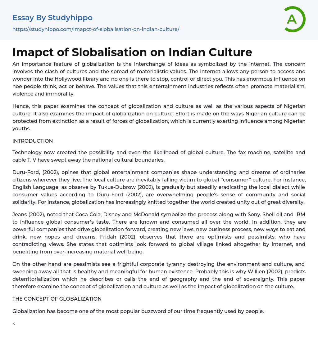 Imapct of Slobalisation on Indian Culture Essay Example
