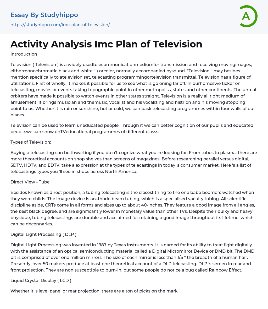 Activity Analysis Imc Plan of Television Essay Example