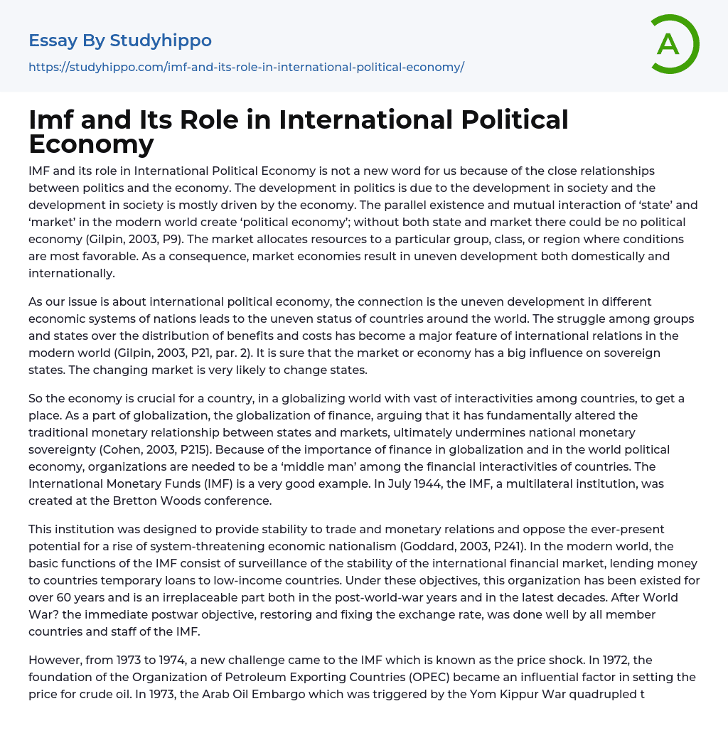 Imf and Its Role in International Political Economy Essay Example