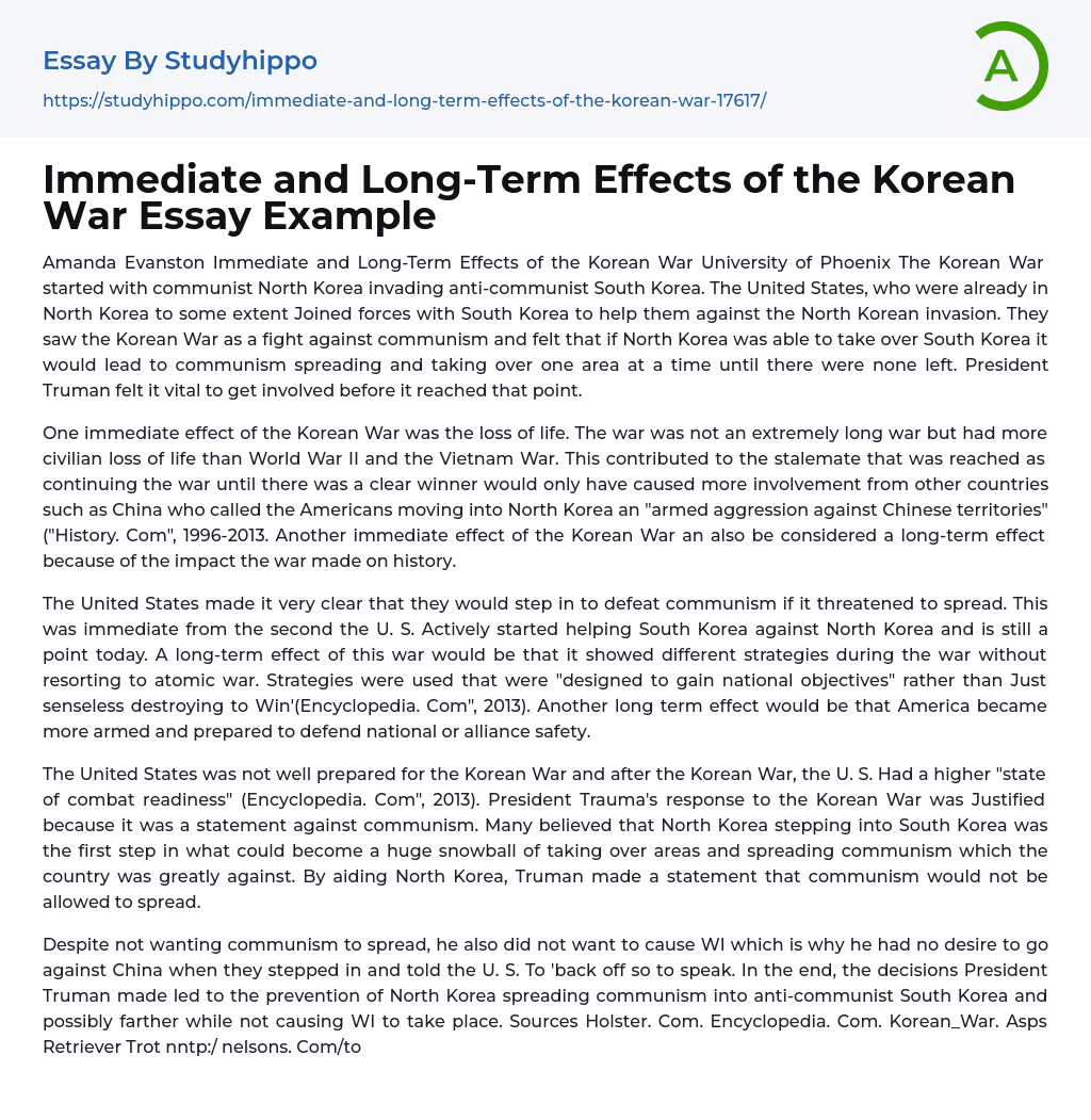 Immediate and Long-Term Effects of the Korean War Essay Example