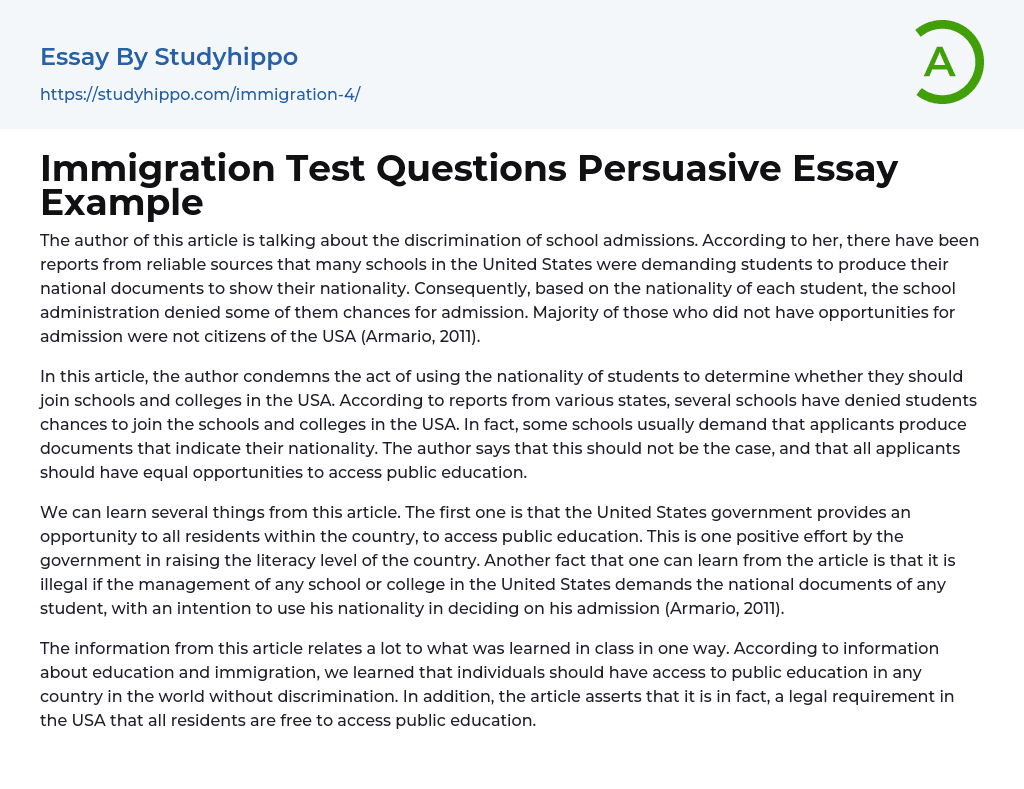 Immigration Test Questions Persuasive Essay Example