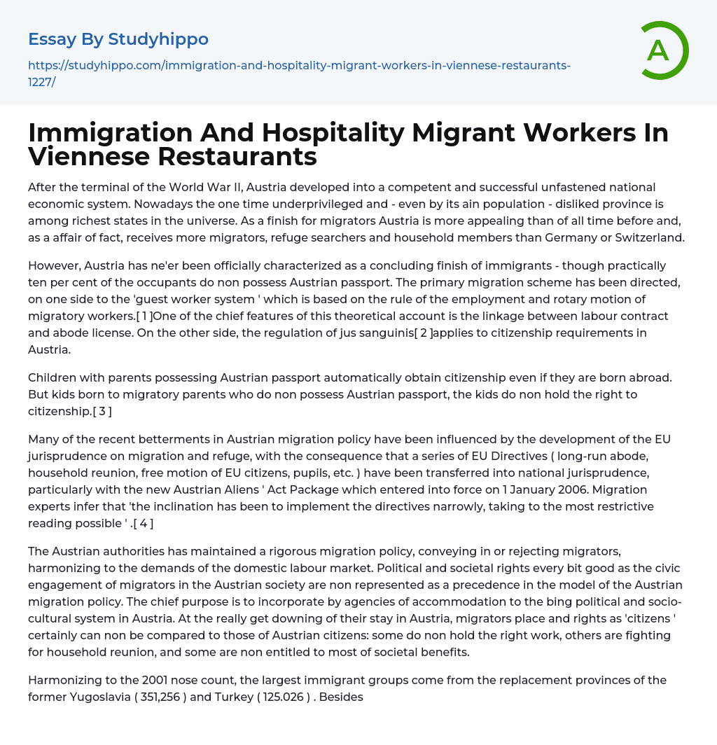 Immigration And Hospitality Migrant Workers In Viennese Restaurants Essay Example