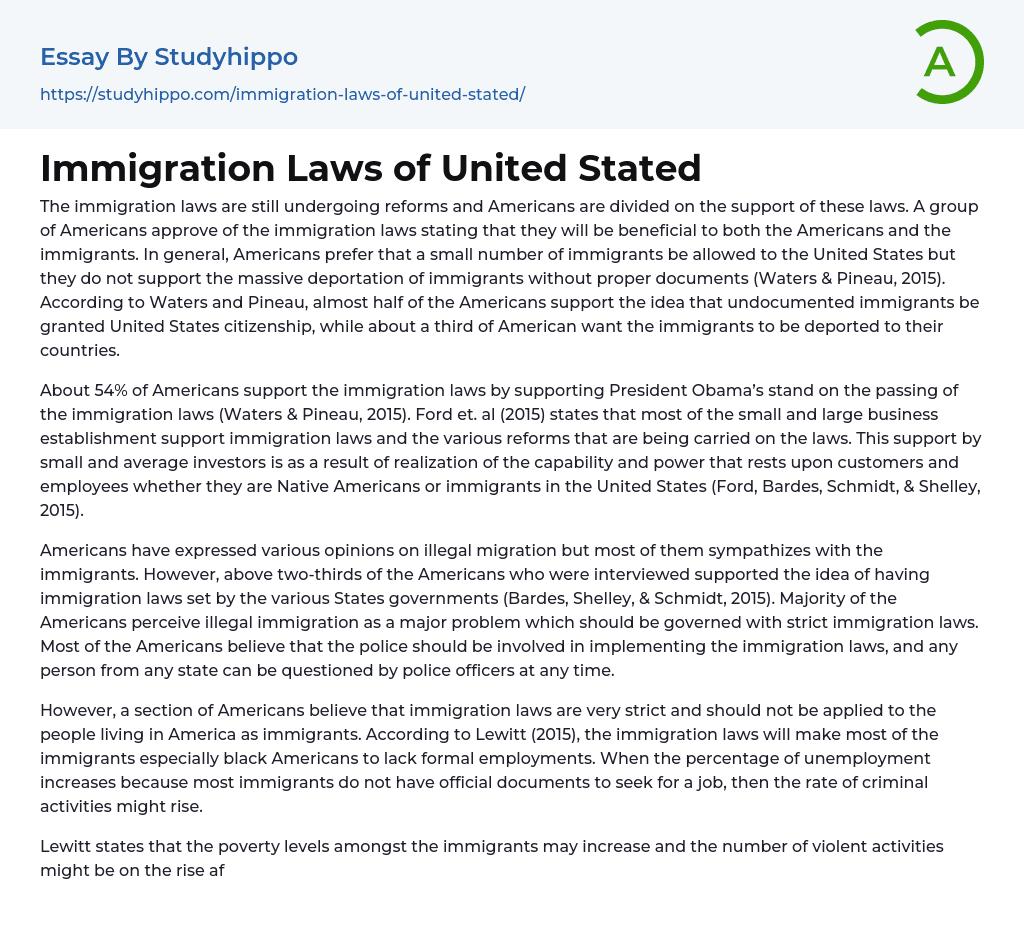 Immigration Laws of United Stated Essay Example