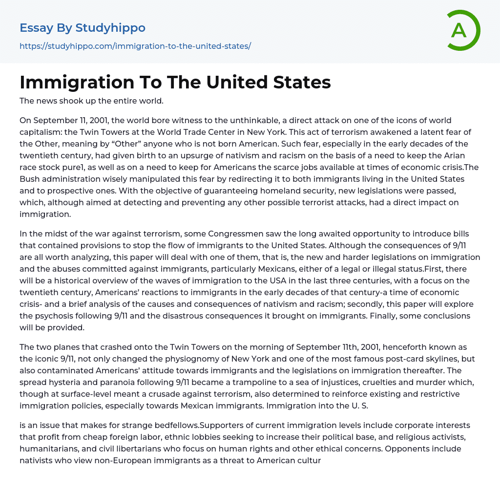 Immigration To The United States Essay Example