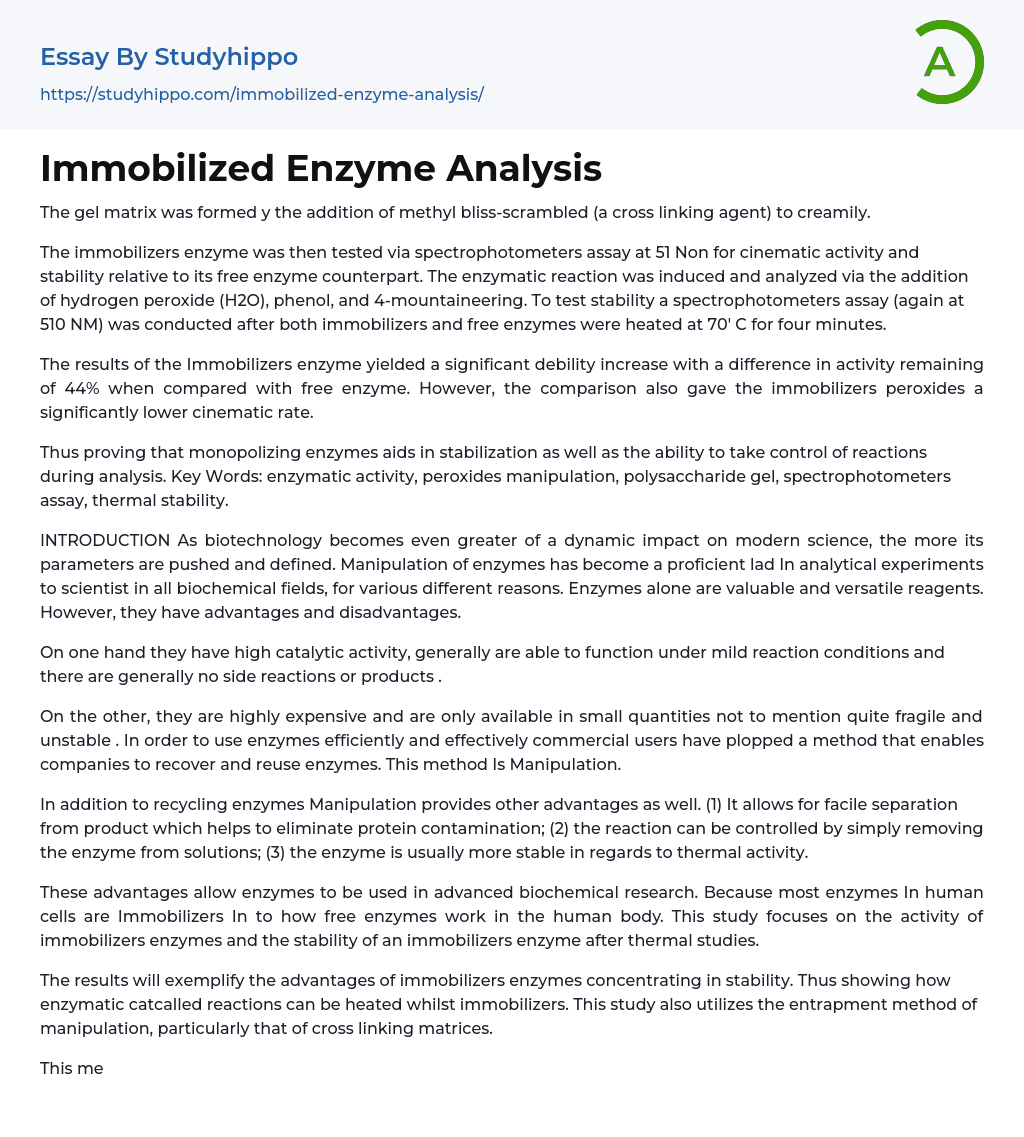 Immobilized Enzyme Analysis Essay Example
