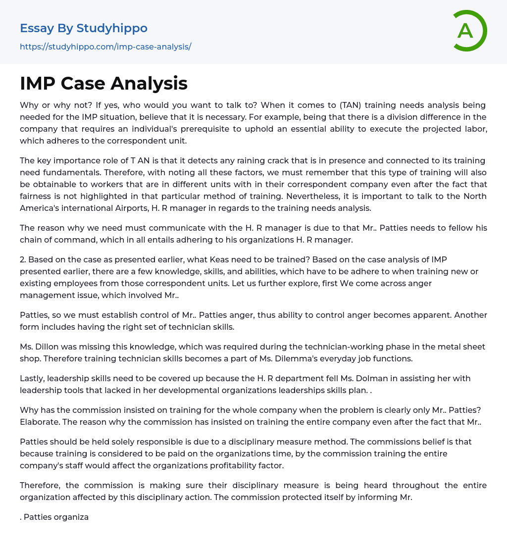 IMP Case Analysis Essay Example