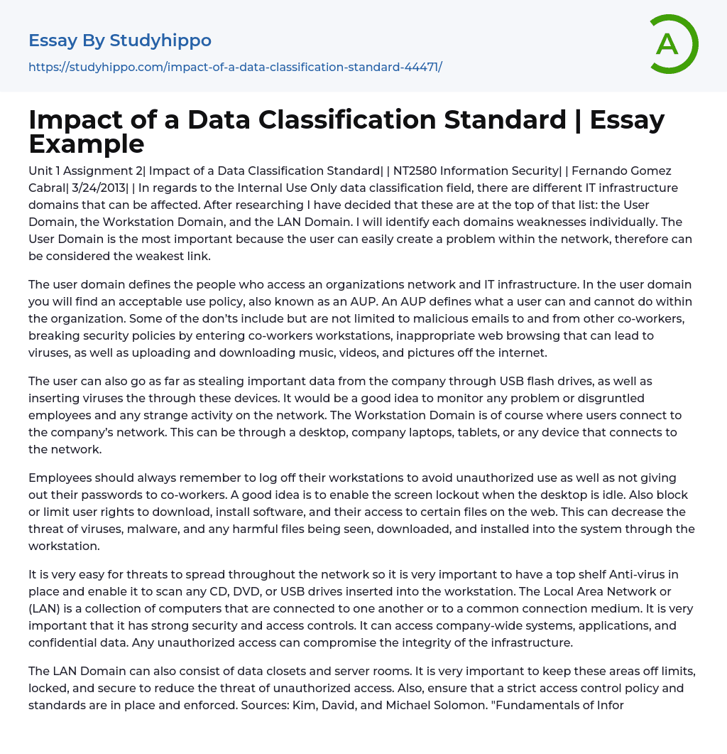 Impact of a Data Classification Standard | Essay Example