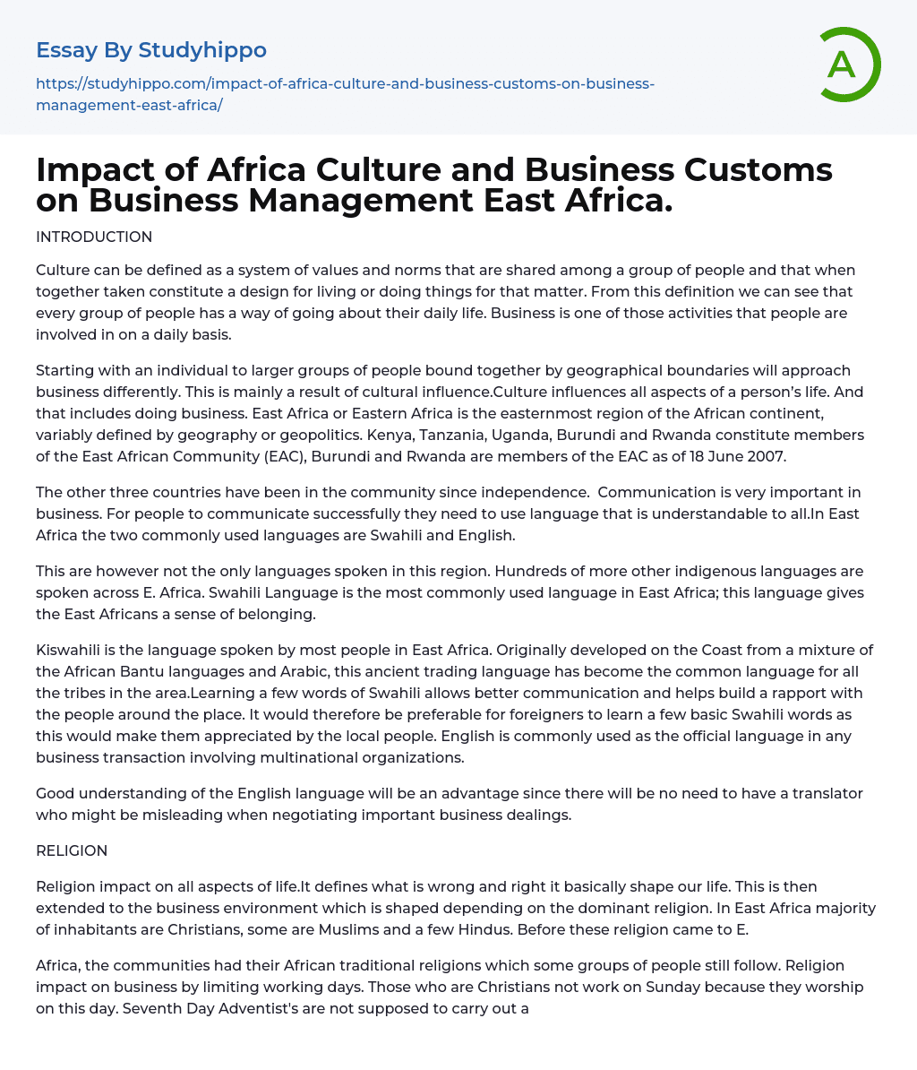 Impact of Africa Culture and Business Customs on Business Management East Africa. Essay Example