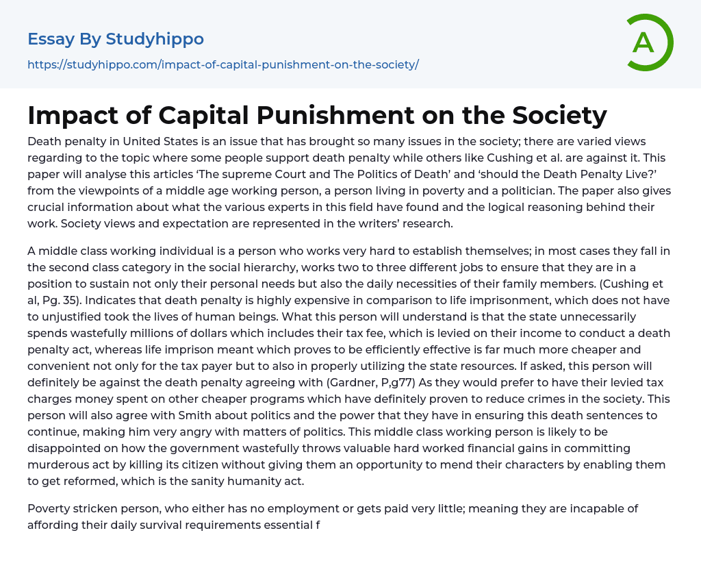 Impact of Capital Punishment on the Society Essay Example