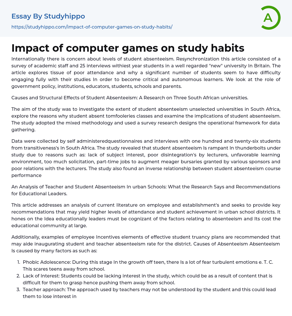 Impact of computer games on study habits Essay Example