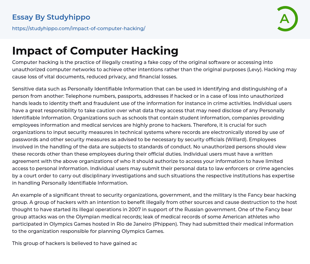 Impact of Computer Hacking Essay Example