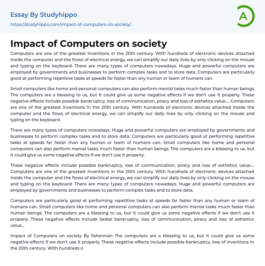 Impact of Computers on society Essay Example