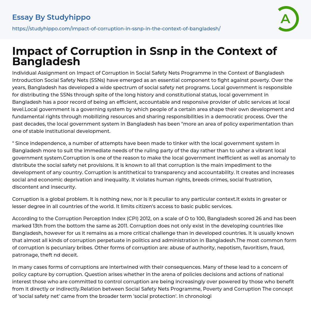 Impact of Corruption in Ssnp in the Context of Bangladesh Essay Example
