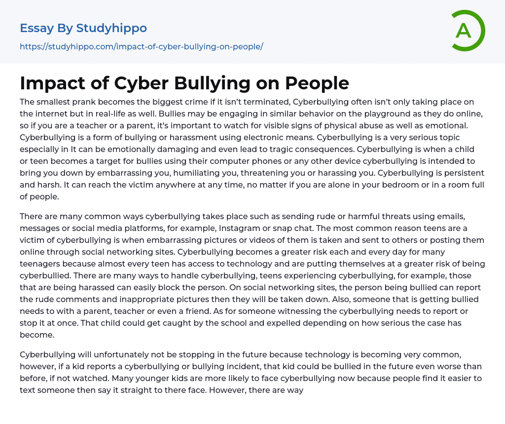 Impact of Cyber Bullying on People Essay Example