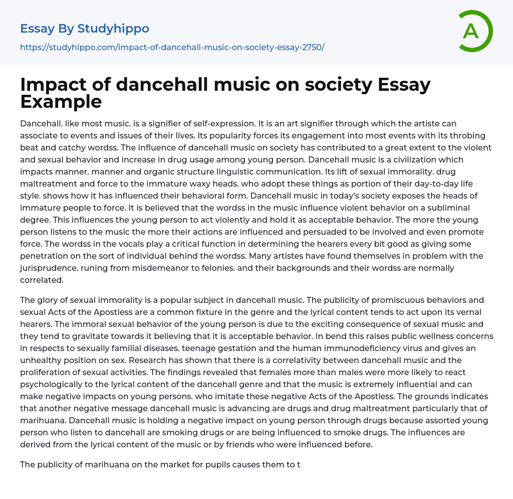 Impact Of Dancehall Music On Society Essay Example StudyHippo