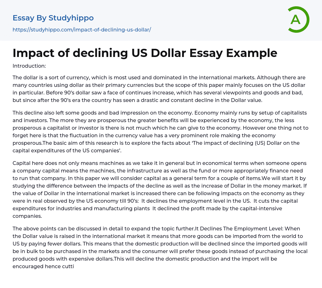 Impact of declining US Dollar Essay Example