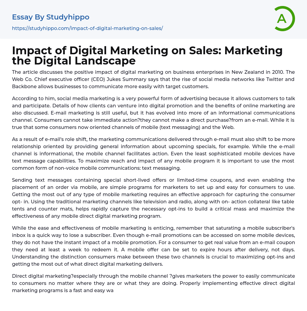 Impact of Digital Marketing on Sales: Marketing the Digital Landscape Essay Example