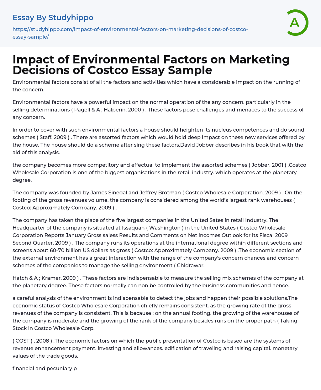 Impact of Environmental Factors on Marketing Decisions of Costco Essay Sample
