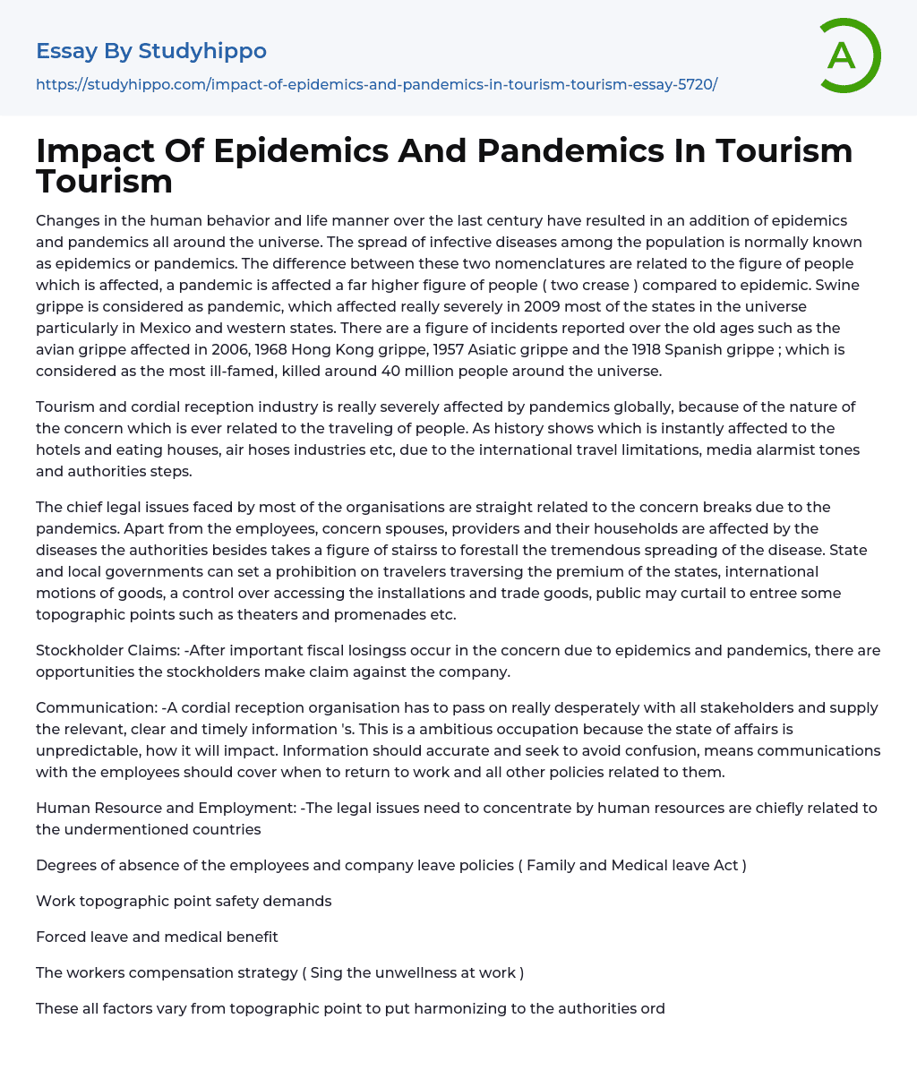 Impact Of Epidemics And Pandemics In Tourism Tourism Essay Example