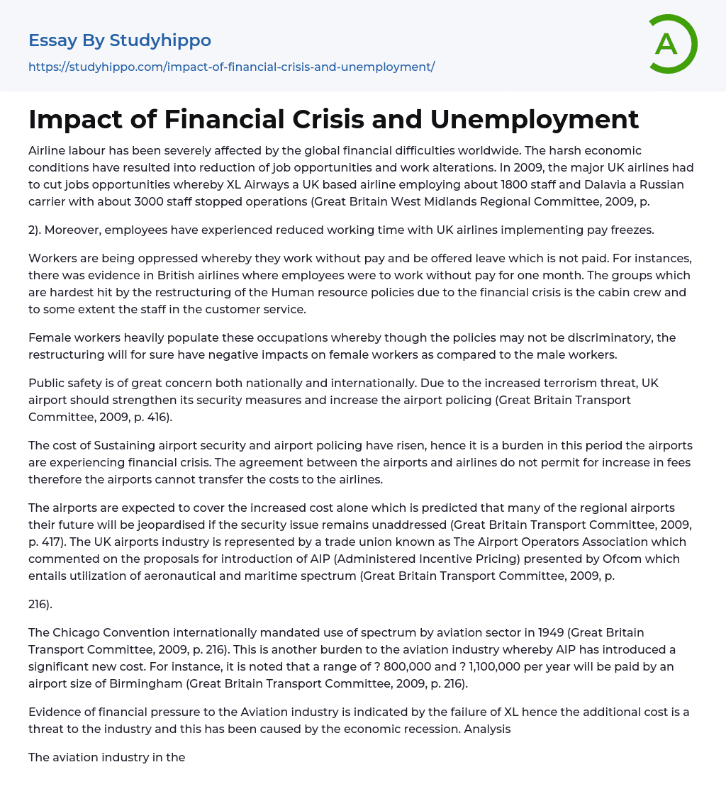 Impact of Financial Crisis and Unemployment Essay Example