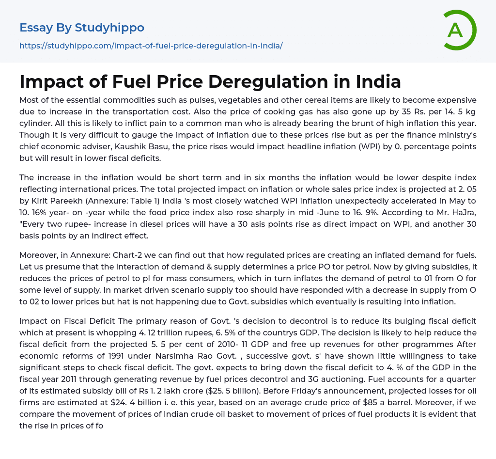 Impact of Fuel Price Deregulation in India Essay Example