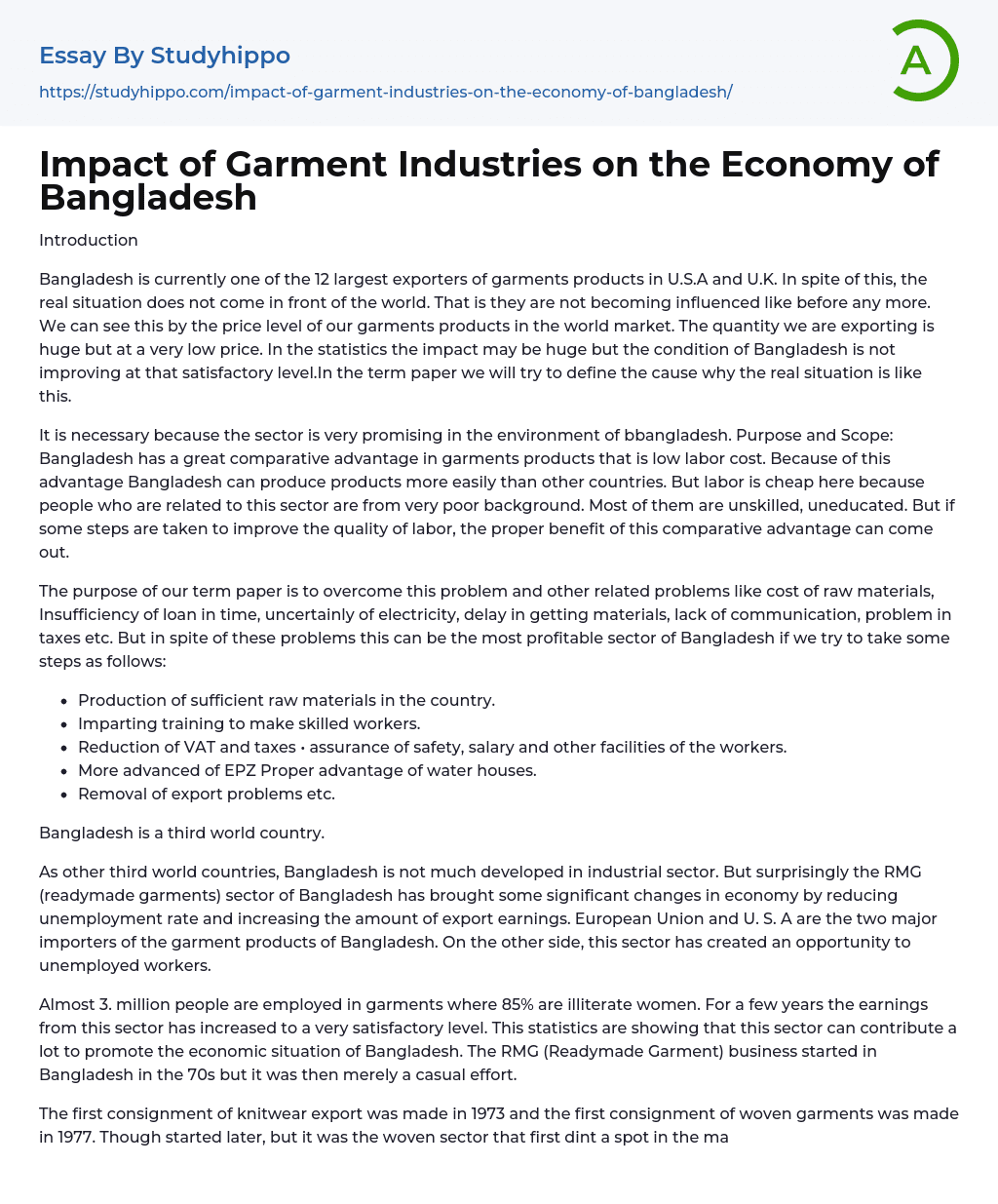 Impact of Garment Industries on the Economy of Bangladesh Essay Example