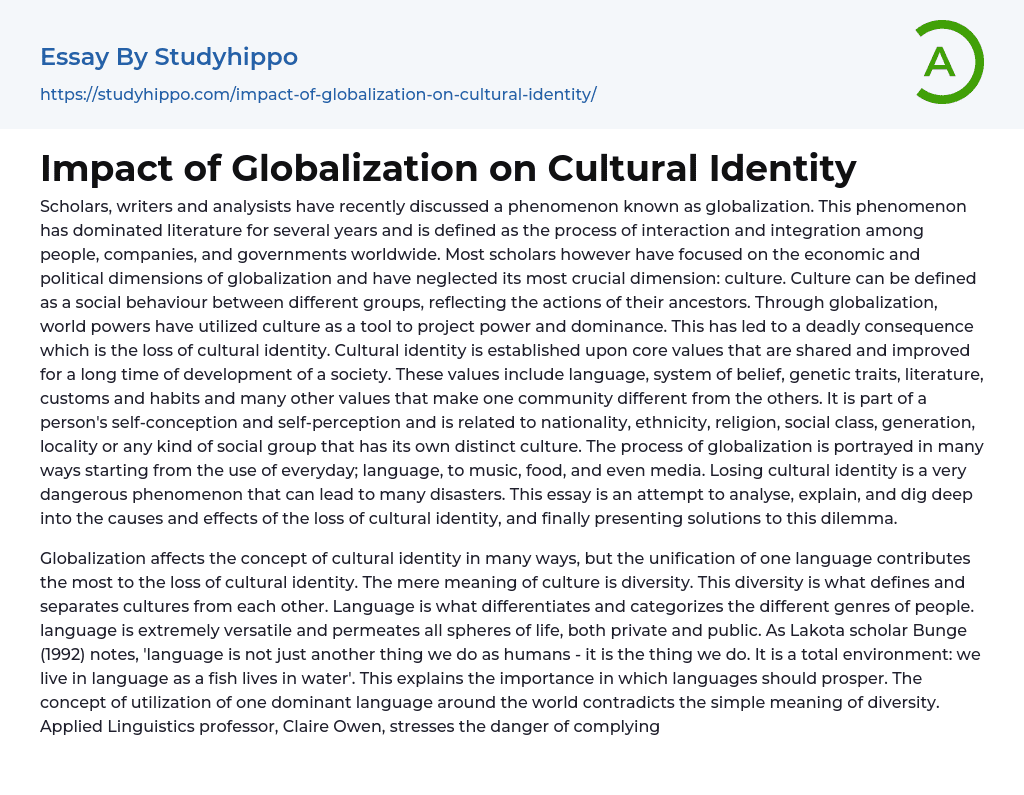 Impact of Globalization on Cultural Identity Essay Example