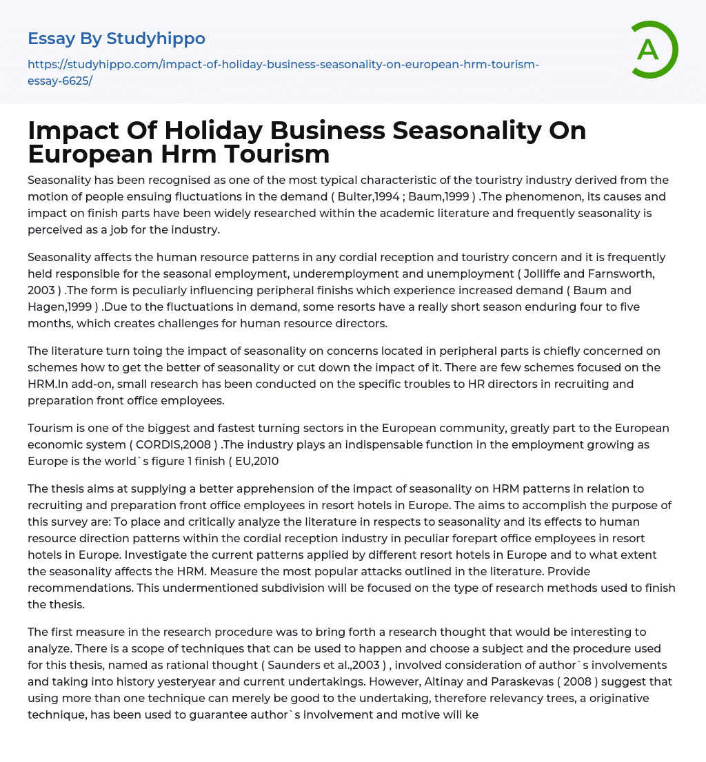 Impact Of Holiday Business Seasonality On European Hrm Tourism Essay Example