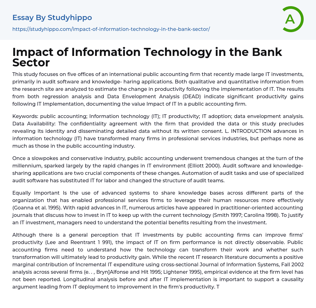 Impact of Information Technology in the Bank Sector Essay Example