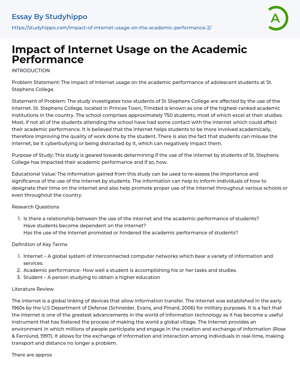 Impact of Internet Usage on the Academic Performance Essay Example