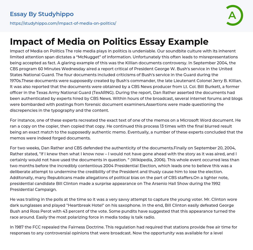 Impact of Media on Politics Essay Example