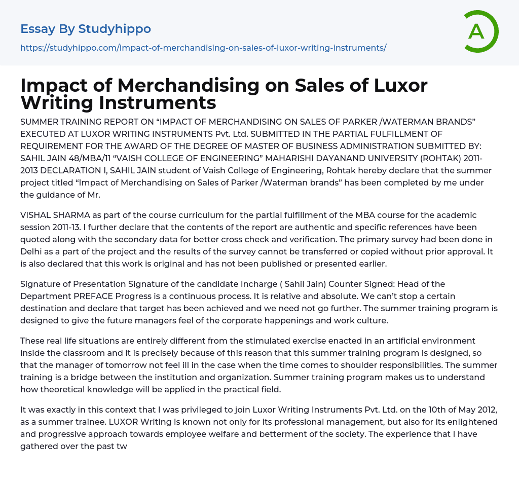 Impact of Merchandising on Sales of Luxor Writing Instruments Essay Example