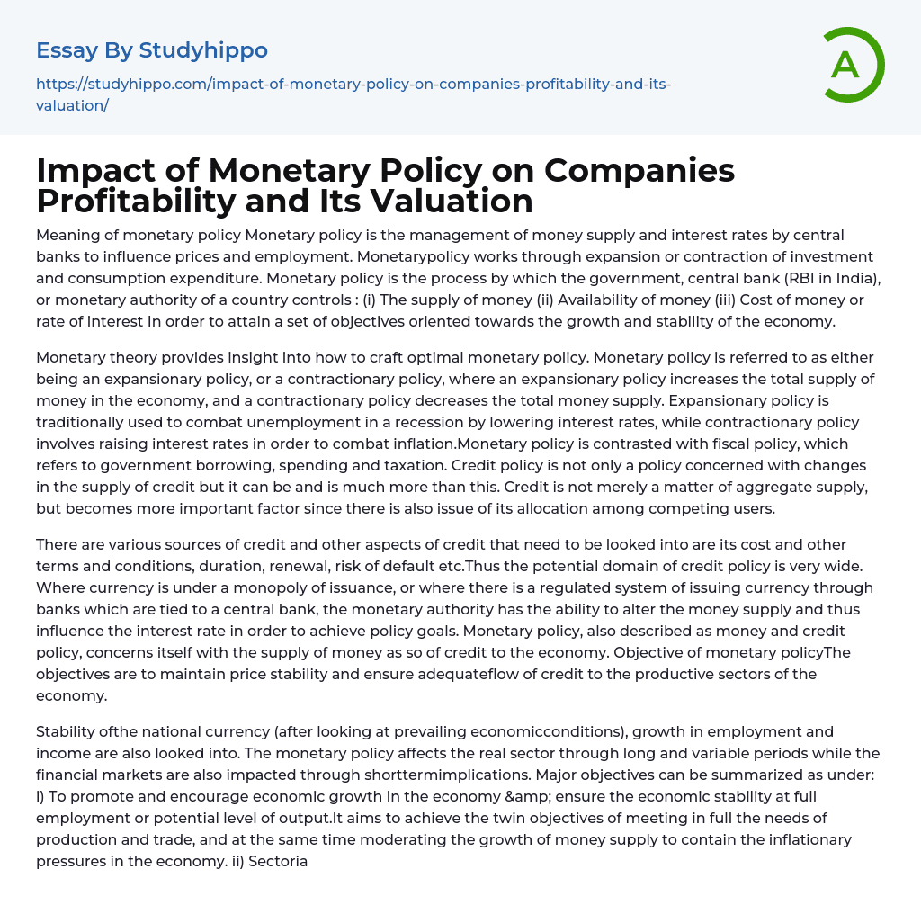 Impact of Monetary Policy on Companies Profitability and Its Valuation Essay Example