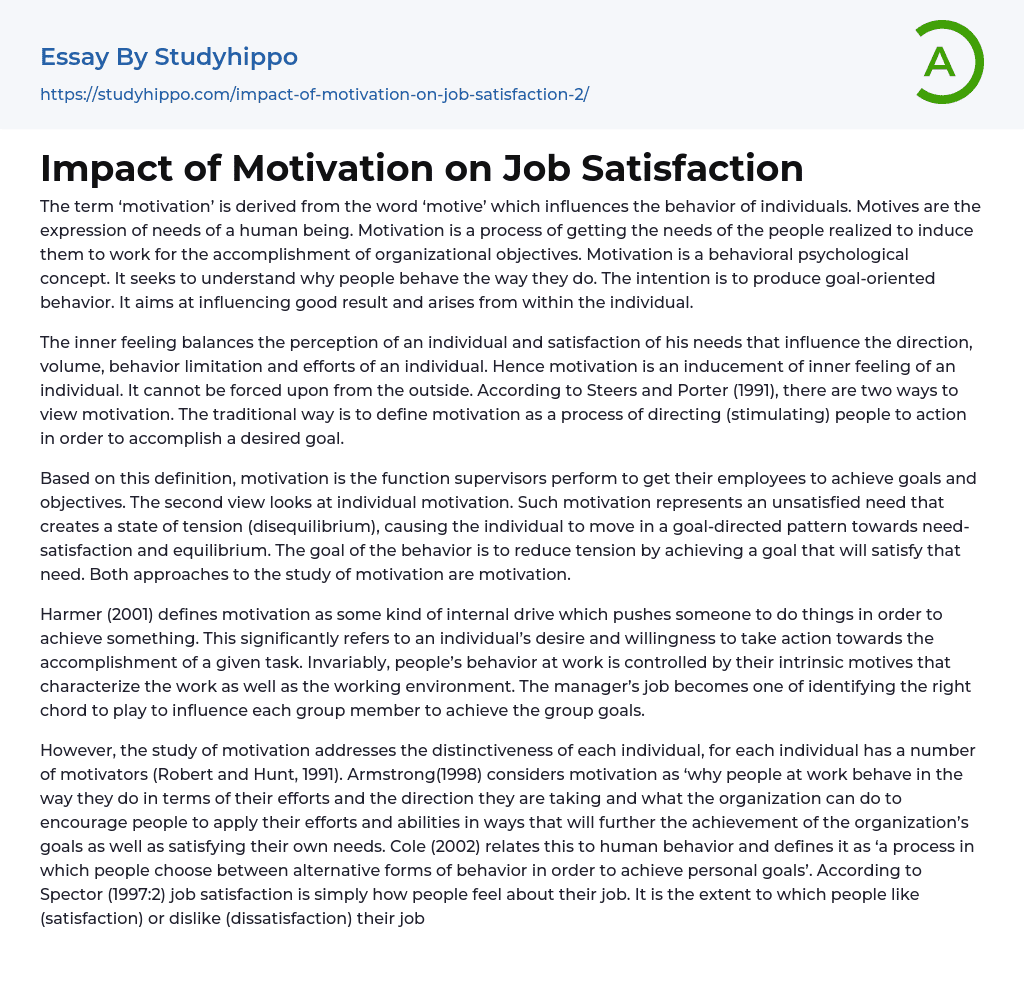 Impact of Motivation on Job Satisfaction Essay Example