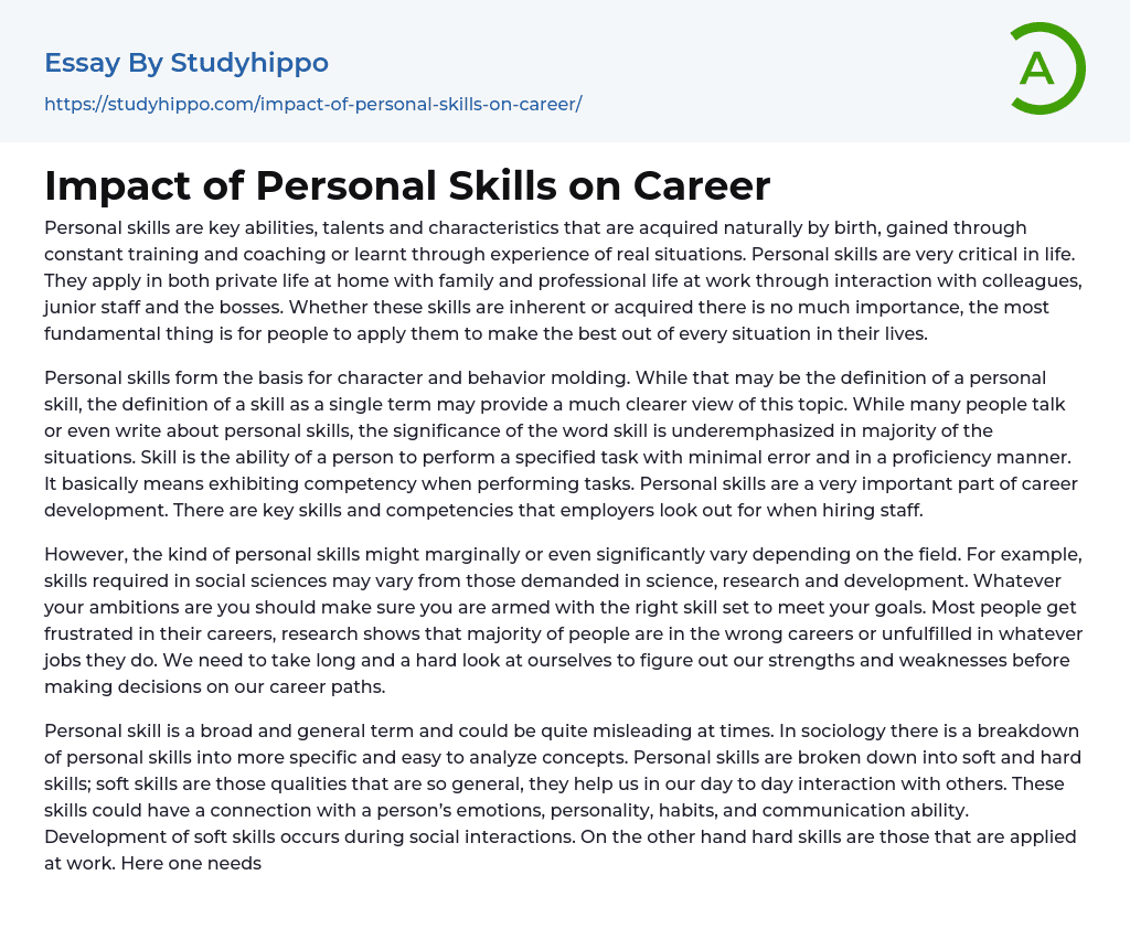 Impact of Personal Skills on Career Essay Example