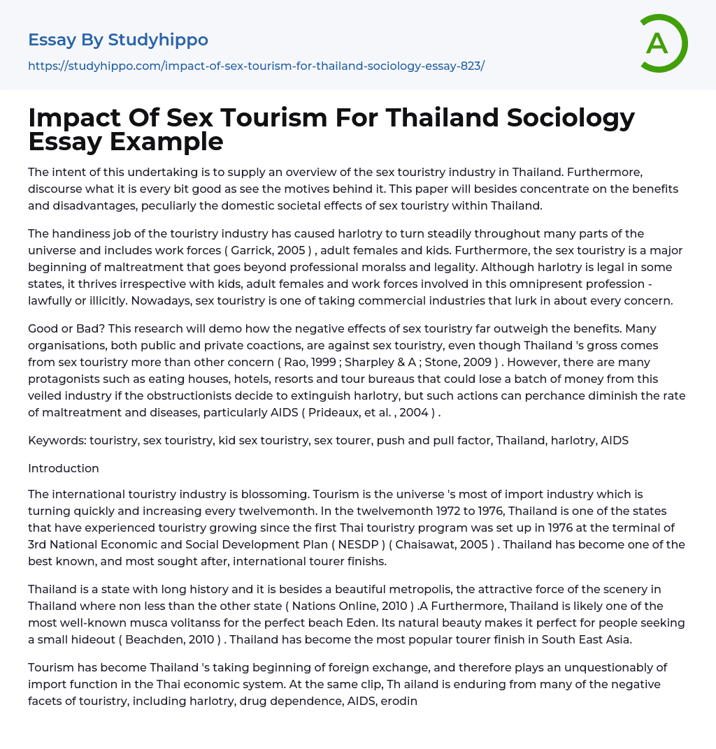 Impact Of Sex Tourism For Thailand Sociology Essay Example