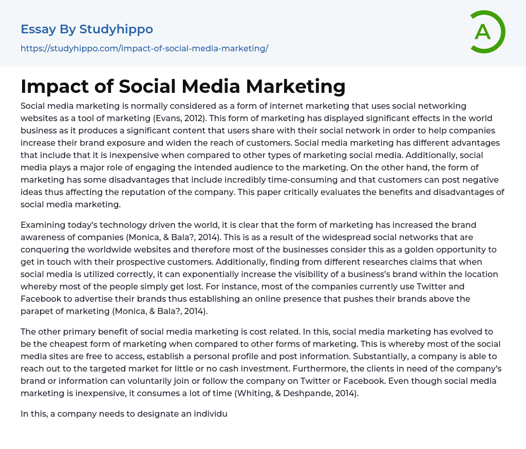 Impact of Social Media Marketing Essay Example