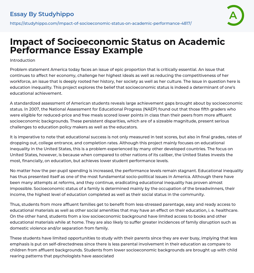 Impact of Socioeconomic Status on Academic Performance Essay Example