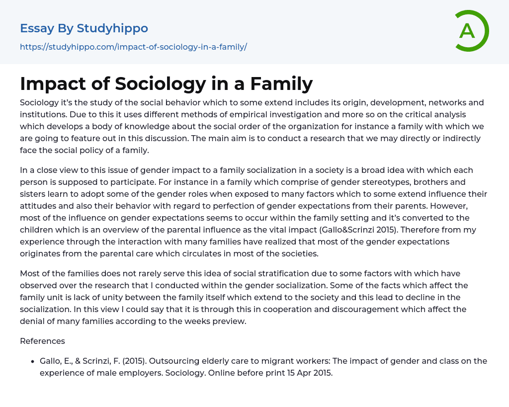 Impact of Sociology in a Family Essay Example