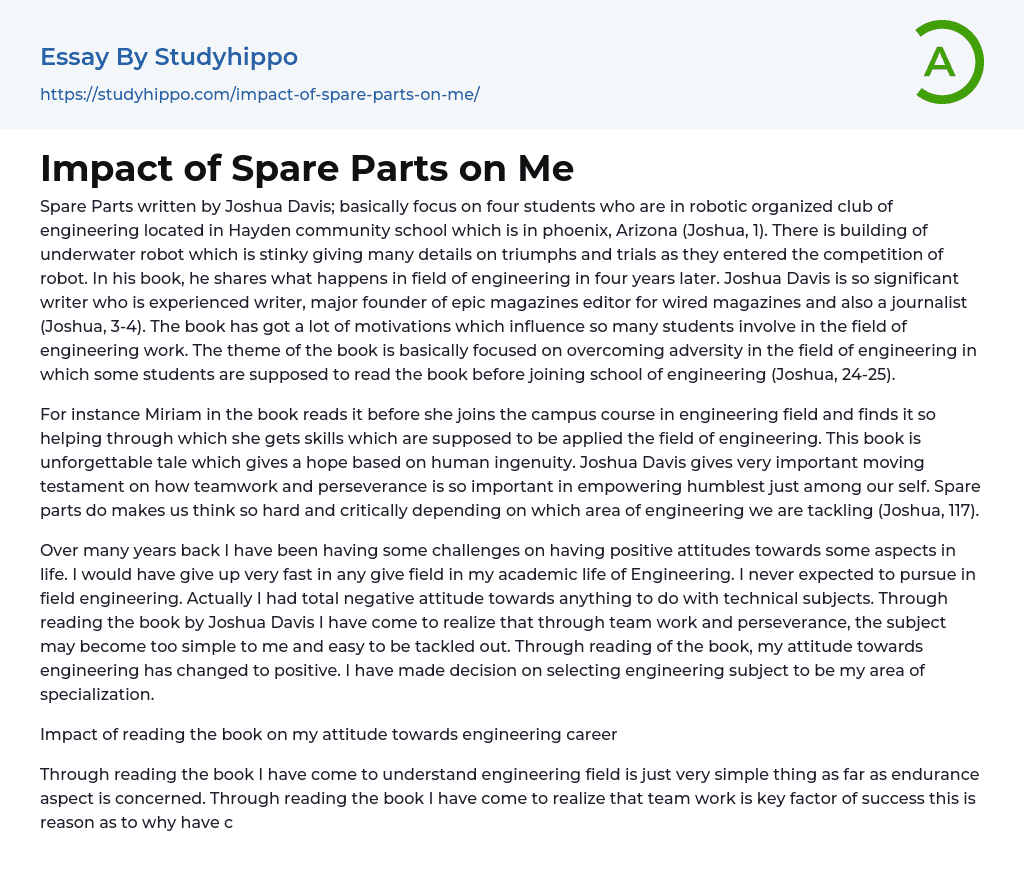 Impact of Spare Parts on Me Essay Example