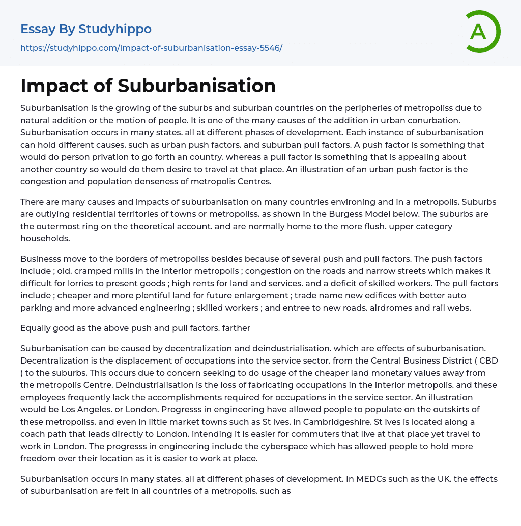 Impact of Suburbanisation Essay Example