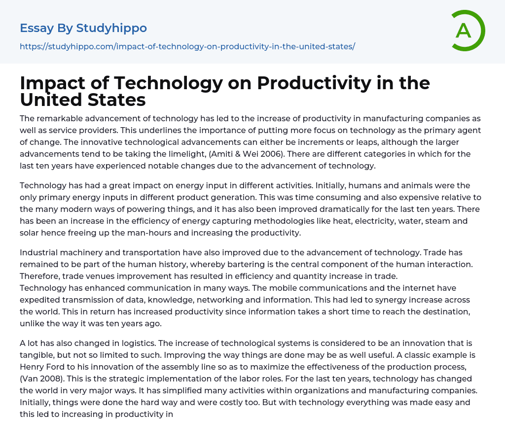 Impact of Technology on Productivity in the United States Essay Example