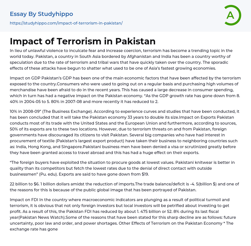 Impact of Terrorism in Pakistan Essay Example