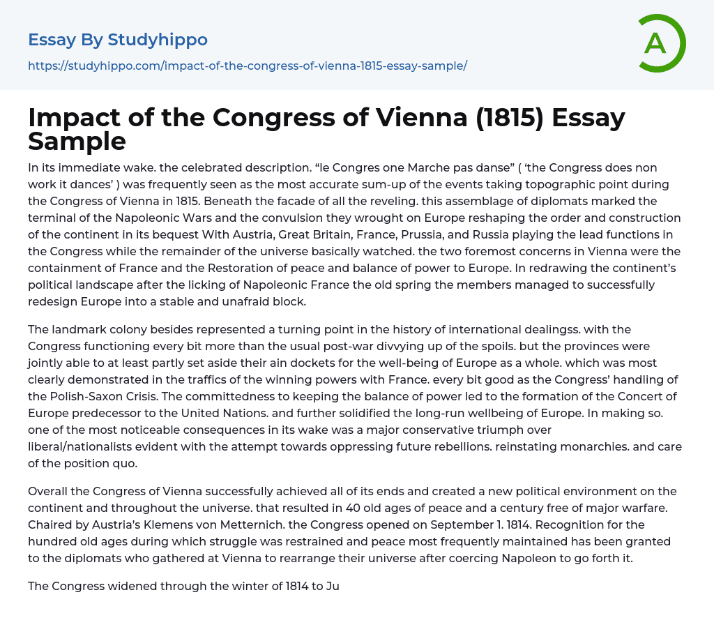 Impact of the Congress of Vienna (1815) Essay Sample