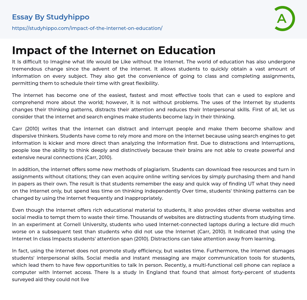Impact of the Internet on Education Essay Example