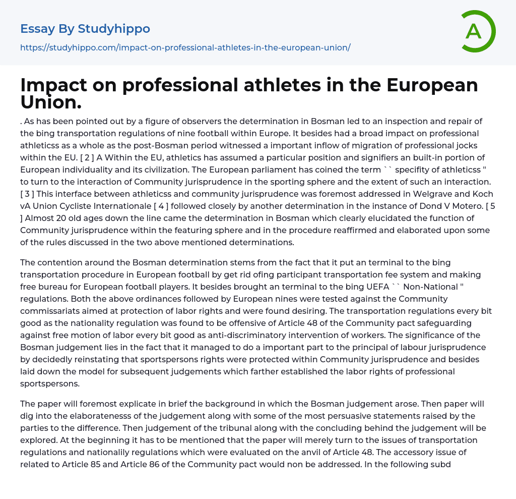 Impact on professional athletes in the European Union. Essay Example
