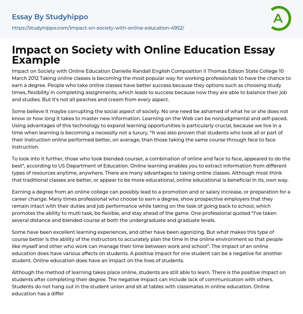 Impact on Society with Online Education Essay Example