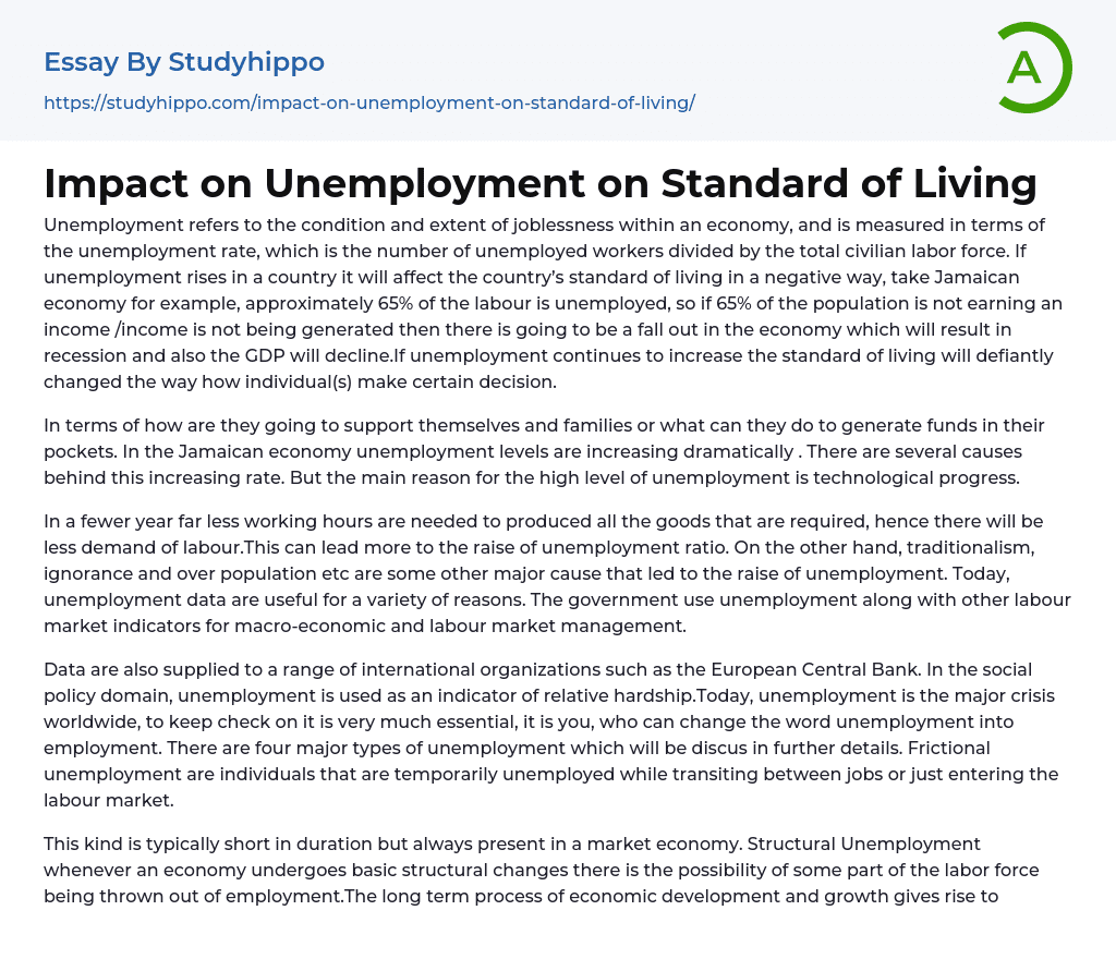 Impact on Unemployment on Standard of Living Essay Example